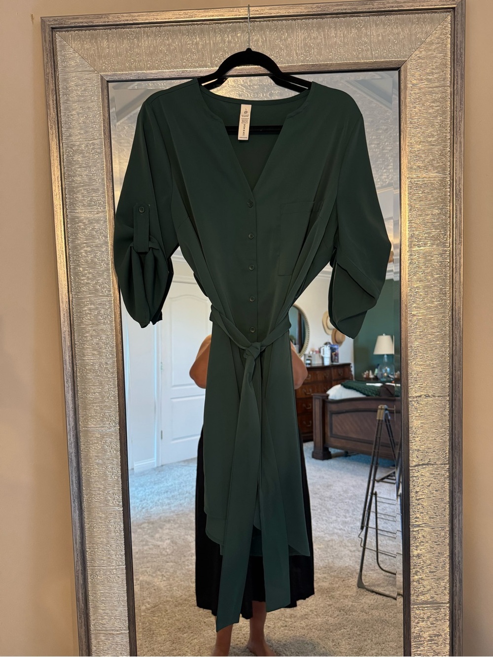 Forest Green Button-Front Tie Waist Dress